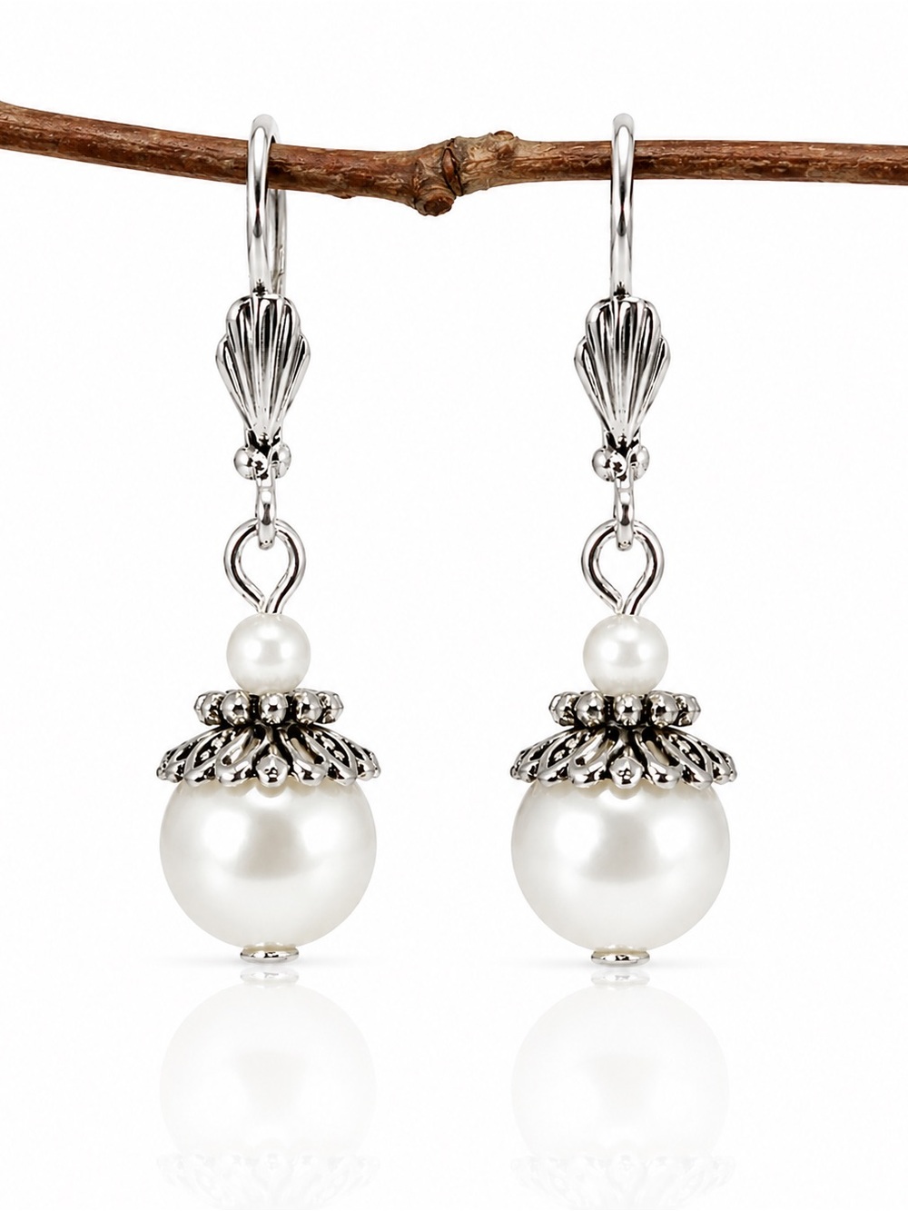 Artisan Silver and White Pearl Drop Earrings. Elegant Romantic Style